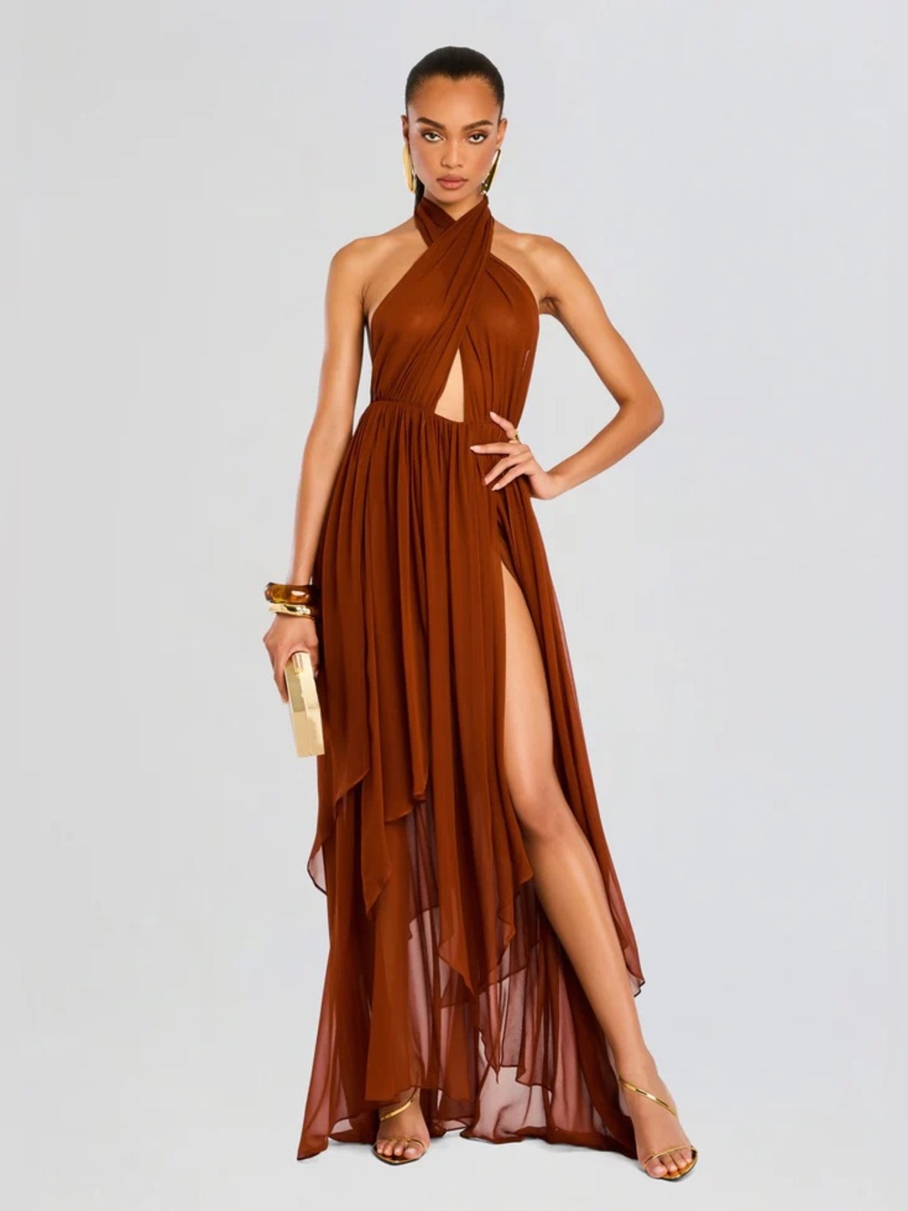 Retrofete Ina Silk Chiffon Dress In Caramel Size Medium